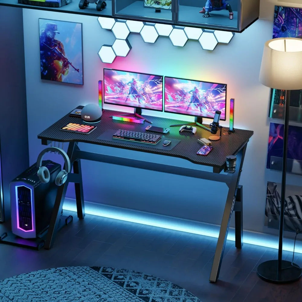 BestOffice Gaming Desk Computer Desk 47 Inch Home Office Extra Large Modern Ergonomic Black PC Carbon Fiber Gamer Workstation