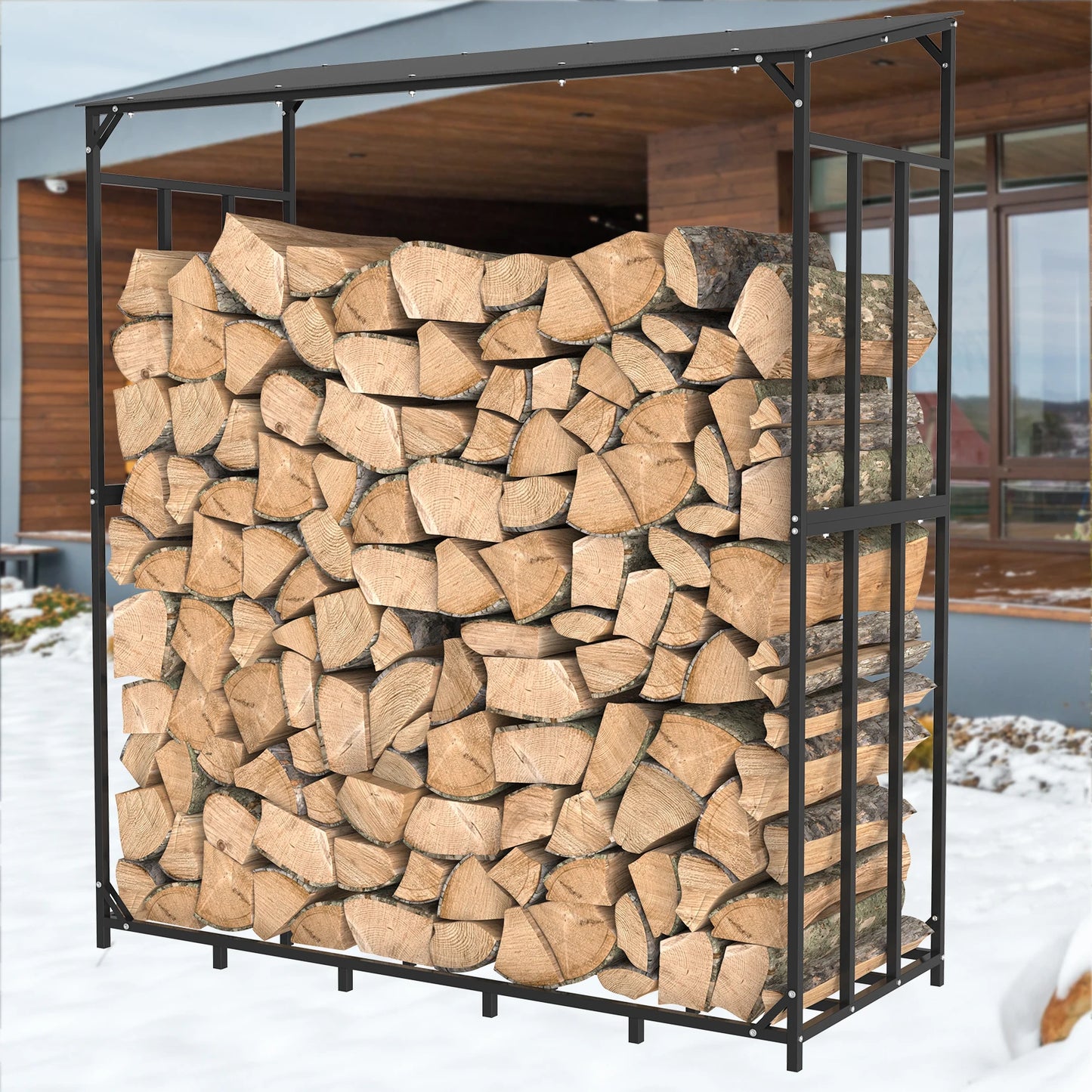 Heavy Duty Tall Metal Firewood Rack Stand with Top Cover Fireplace Wood Storage Stacking Holder for Outdoor Deck, Backyard