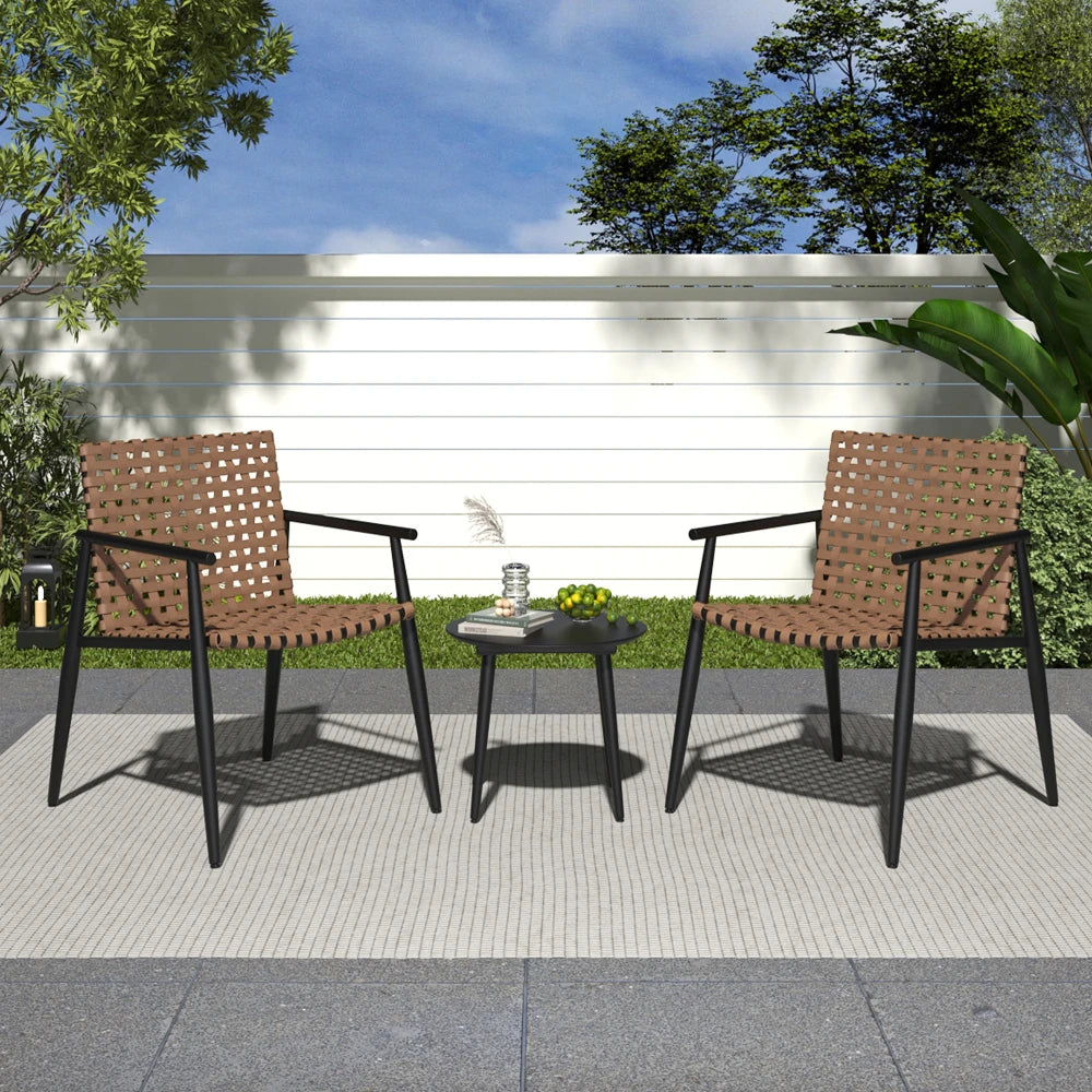 PE Rattan Outdoor Chat Set 2 Chairs, Black Steel & Glass Side Table, Modern Durable Patio Furniture for Garden Balcony Yard