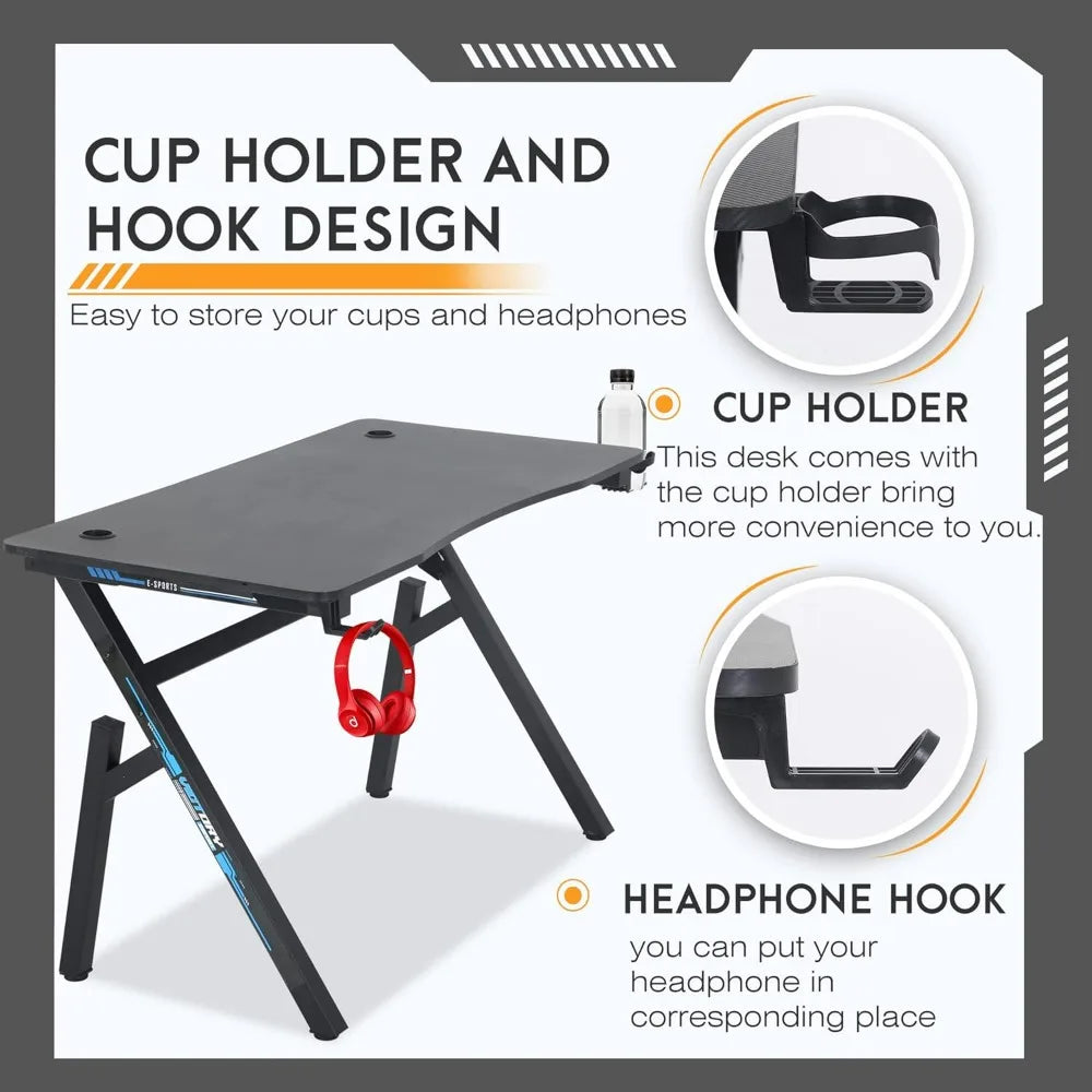 BestOffice Gaming Desk Computer Desk 47 Inch Home Office Extra Large Modern Ergonomic Black PC Carbon Fiber Gamer Workstation
