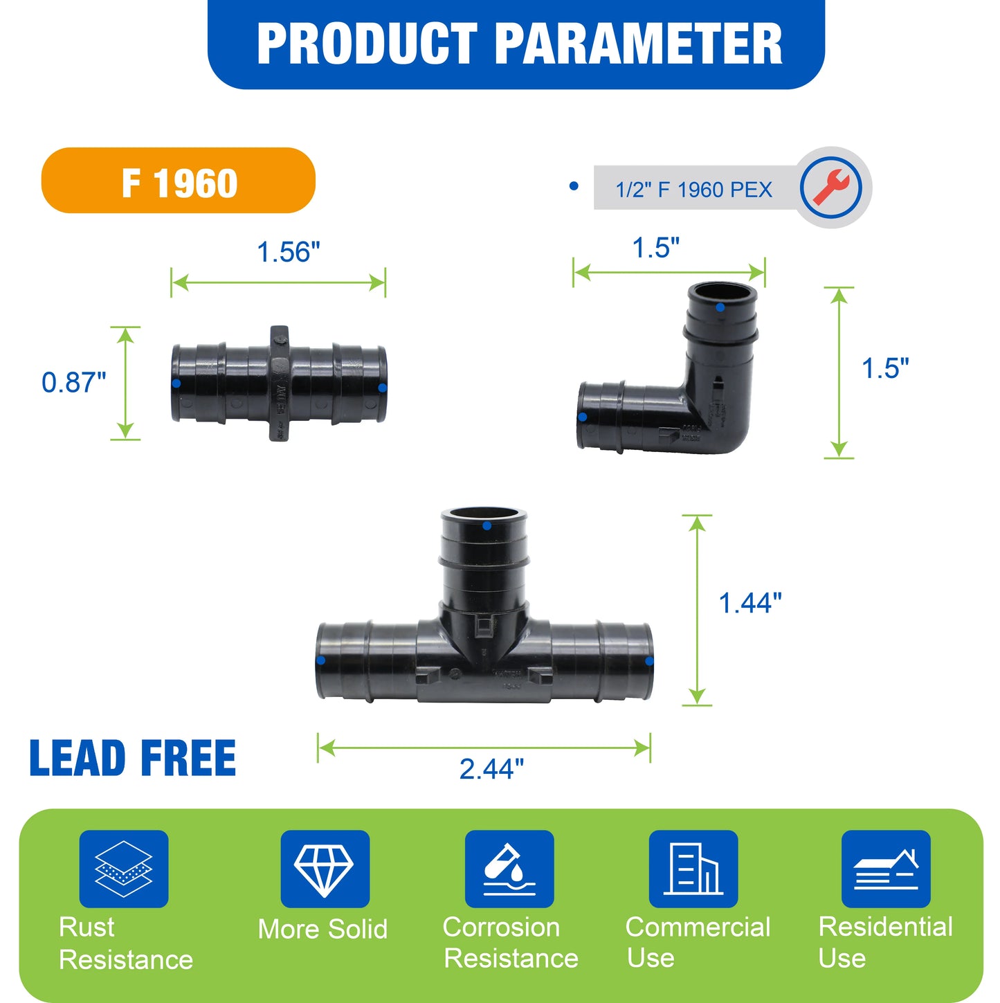 KING SMART F1960 PEX Kit 1/2" Tee (12Pcs), 1/2" Coupling (12Pcs), 1/2" Elbow (12Pcs);  PPSU; 36 Pcs/Case; 80369