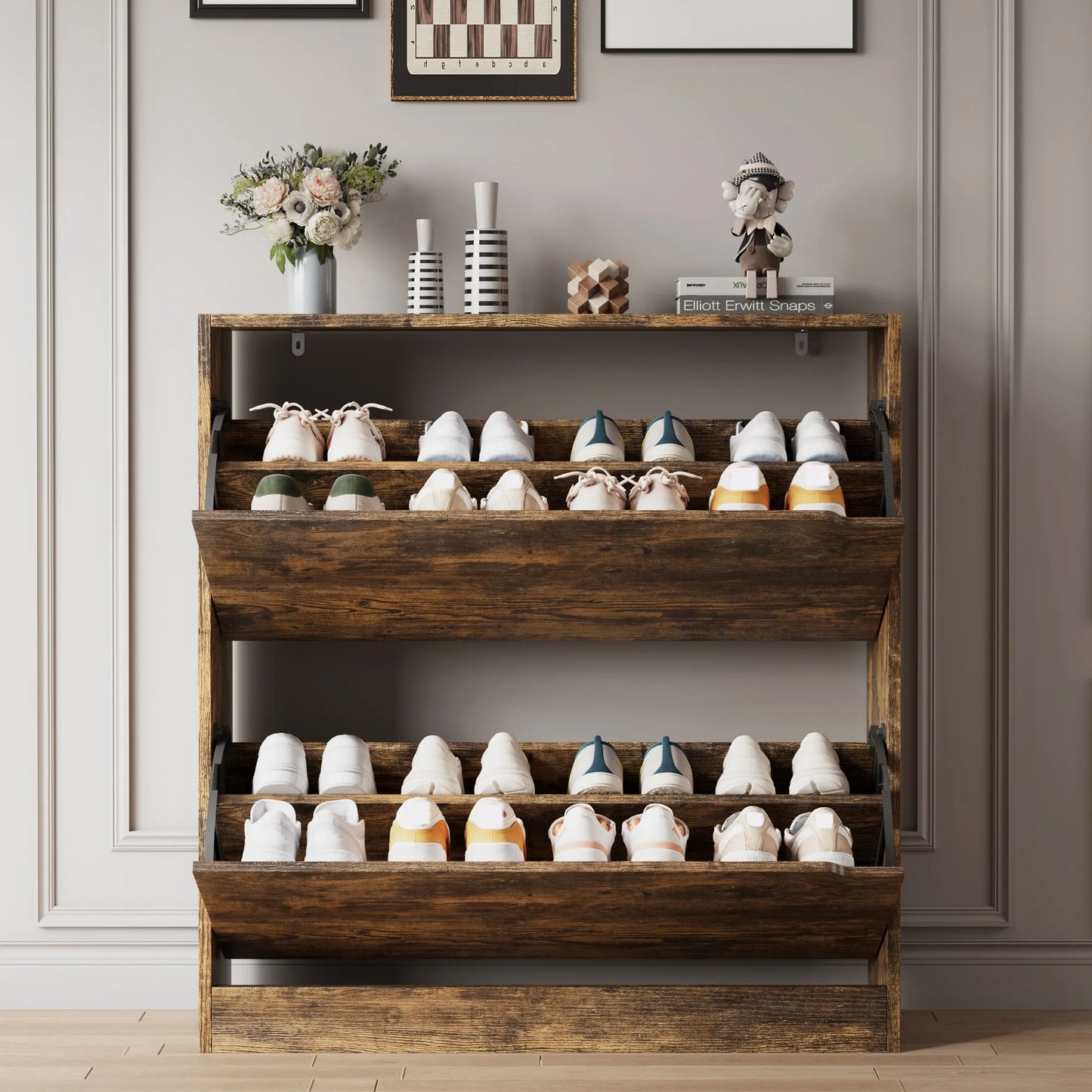 Shoe Cabinet with 2 Flip Drawers, Shoe Storage Cabinet for Entryway, Free Standing Shoe Storage Organizer for Hallway