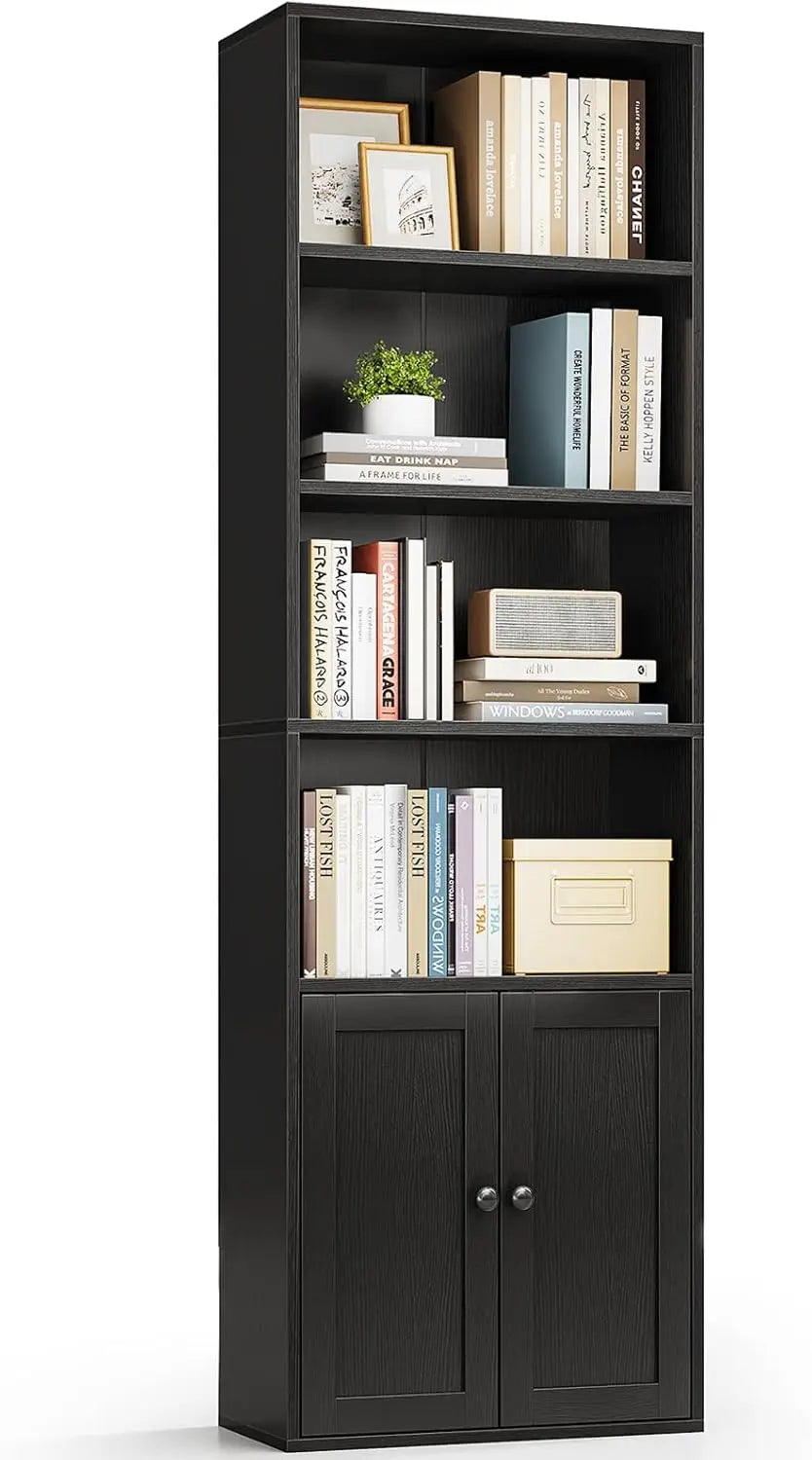 2. Casaottima Black 6-Tier Bookcase with Doors, Floor Standing Display Shelves, Tall Storage Bookhelf for Home Office