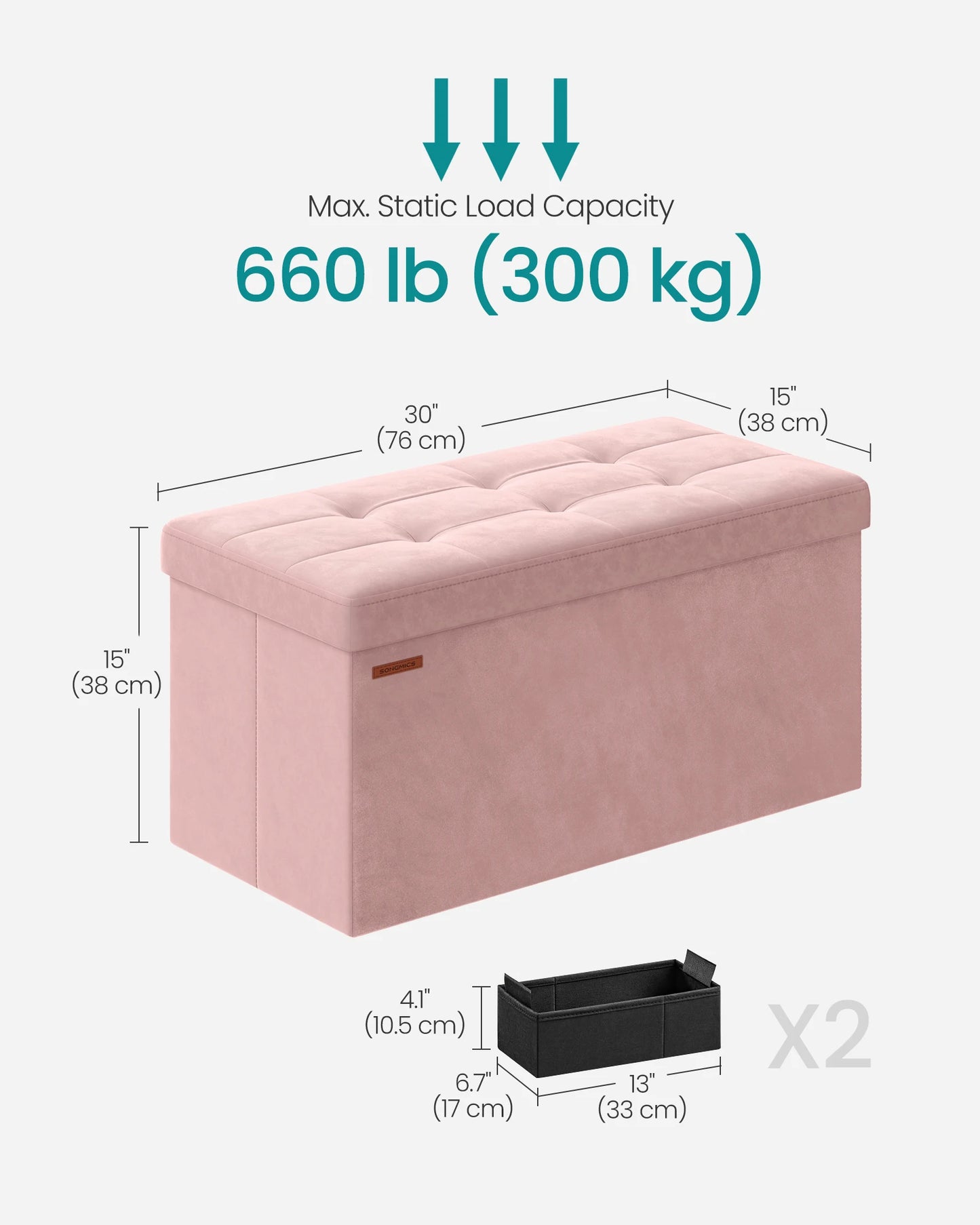 SONGMICS Mazie Collection - Storage Ottoman Bench, Foldable Foot Rest, 15 x 30 x 15 Inches, End of Bed Bench, Storage Chest,