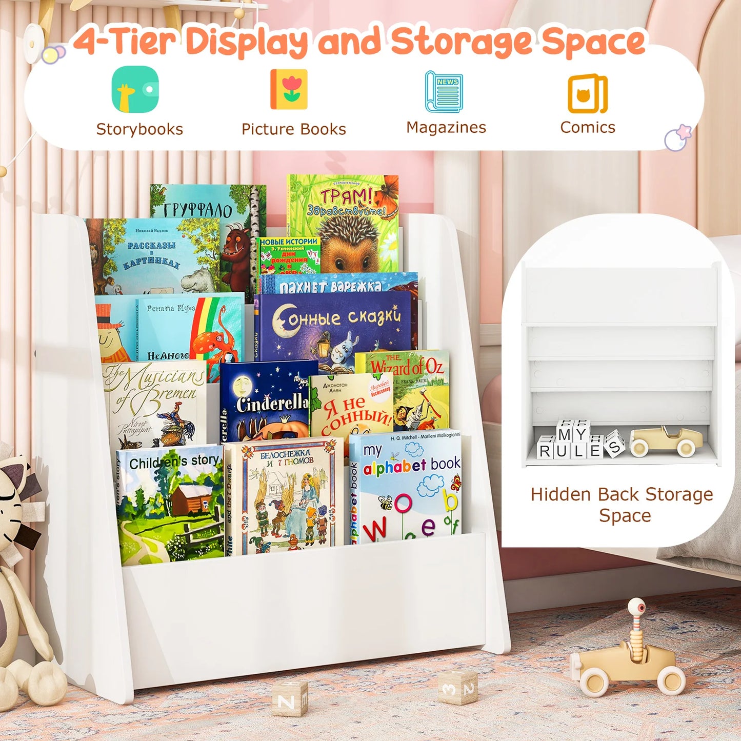 4-tier Kids Wooden Bookshelf Toddlers Book Rack w/ Deep Shelves Natural