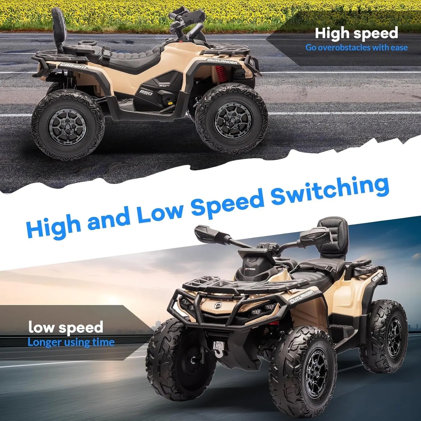 2 Seater Ride On ATV for Kids, 24V Four Wheeler Electric ATV Battery Powered with Leather Seat, Safety Belt Bluetooth 3 Speeds