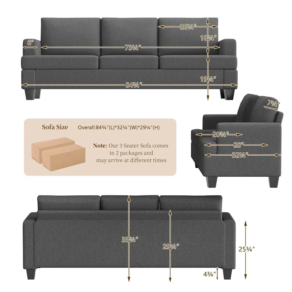 85 inch Grey 3 Seater Couches, Modern Cozy Deep Seat Sofa, Comfy Fluffy Couch for Living Room, Small Couches for, Customized