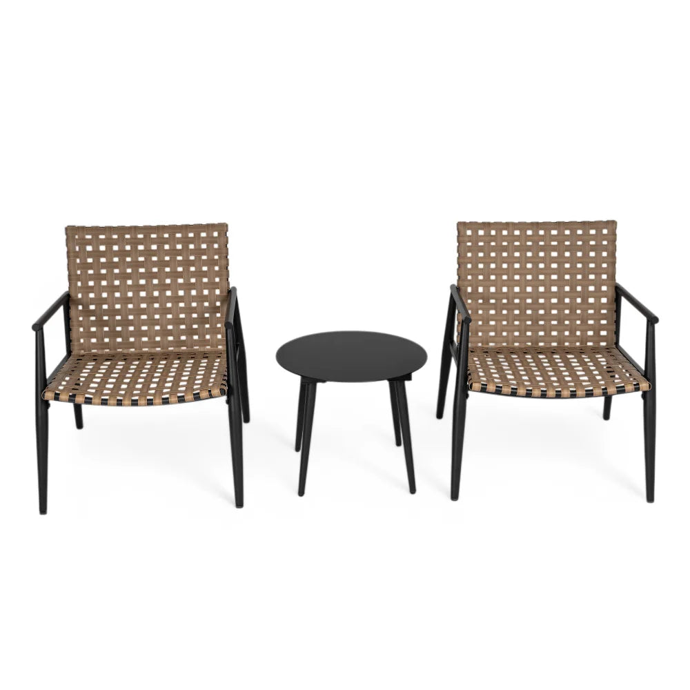 PE Rattan Outdoor Chat Set 2 Chairs, Black Steel & Glass Side Table, Modern Durable Patio Furniture for Garden Balcony Yard