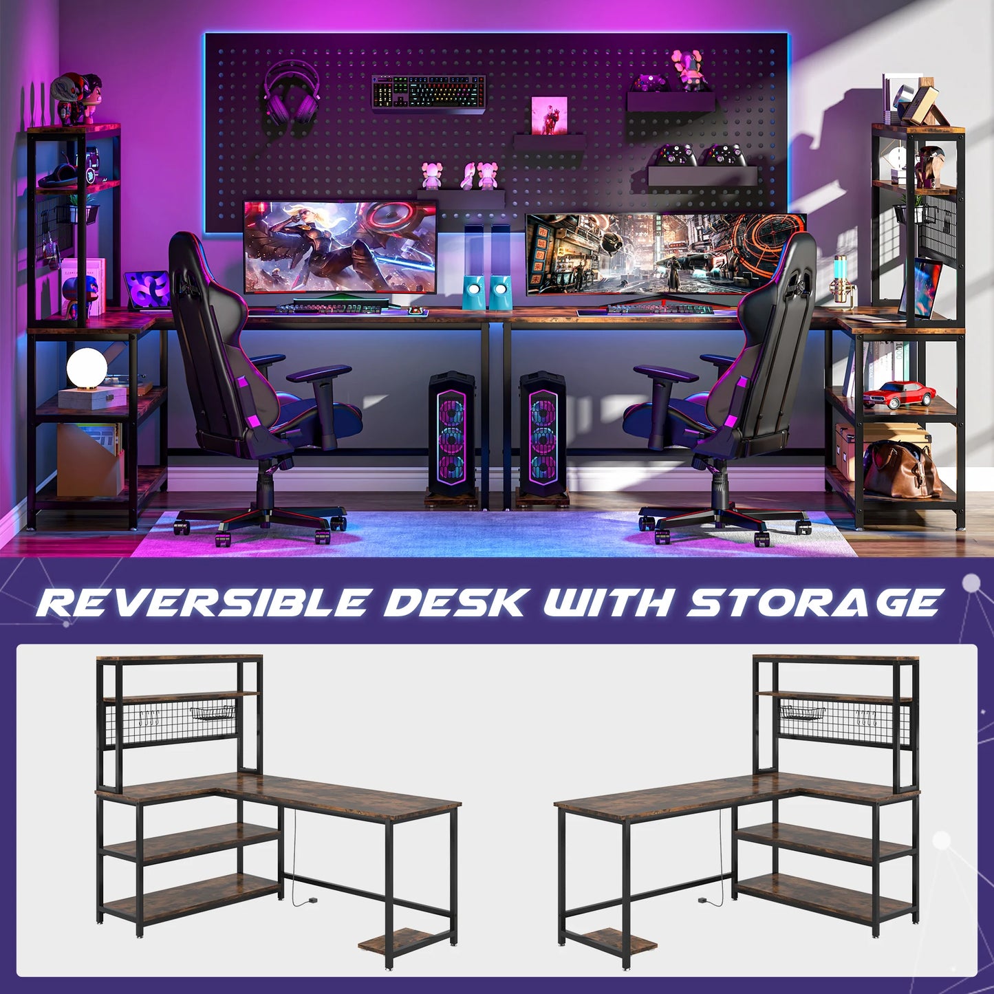 LITTLE TREE 55" Large Computer Desk with Wireless Charging 5 Storage Shelves, Office Desk Study Table Writing Desk Workstation