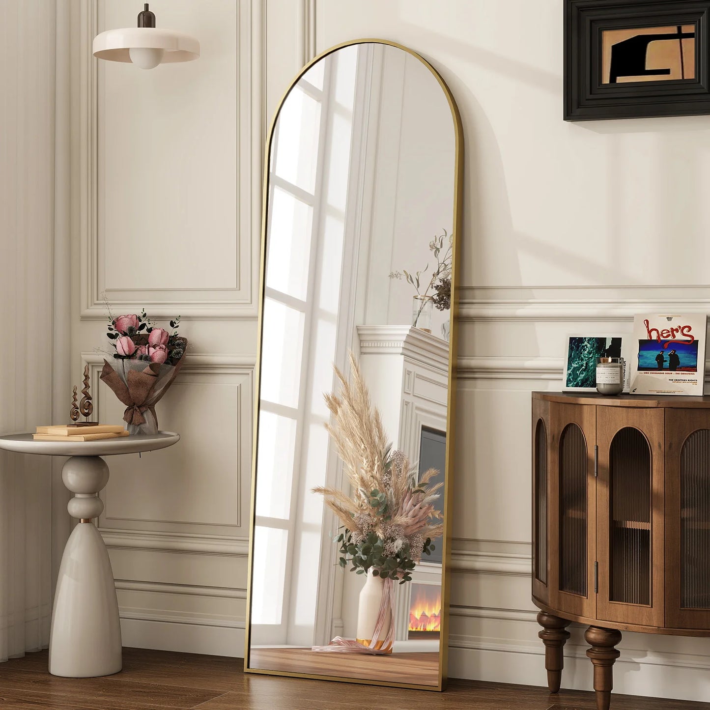 16x59 inch arched full length freestanding floor mirror with gold finish