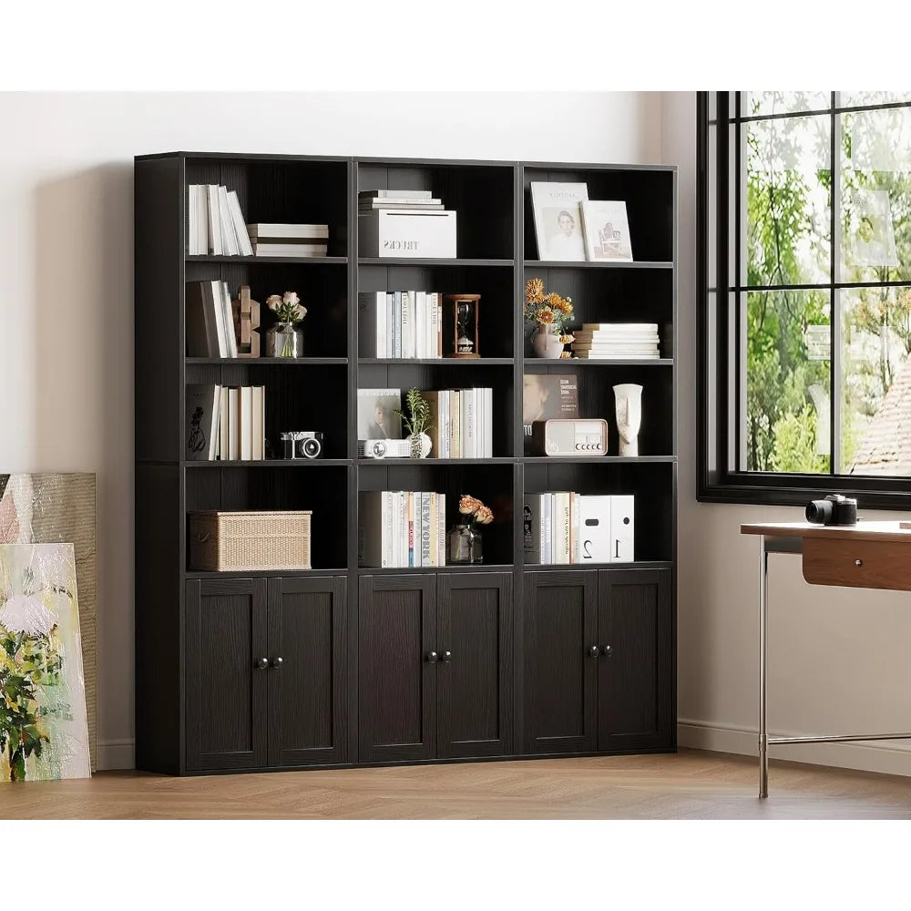 2. Casaottima Black 6-Tier Bookcase with Doors, Floor Standing Display Shelves, Tall Storage Bookhelf for Home Office