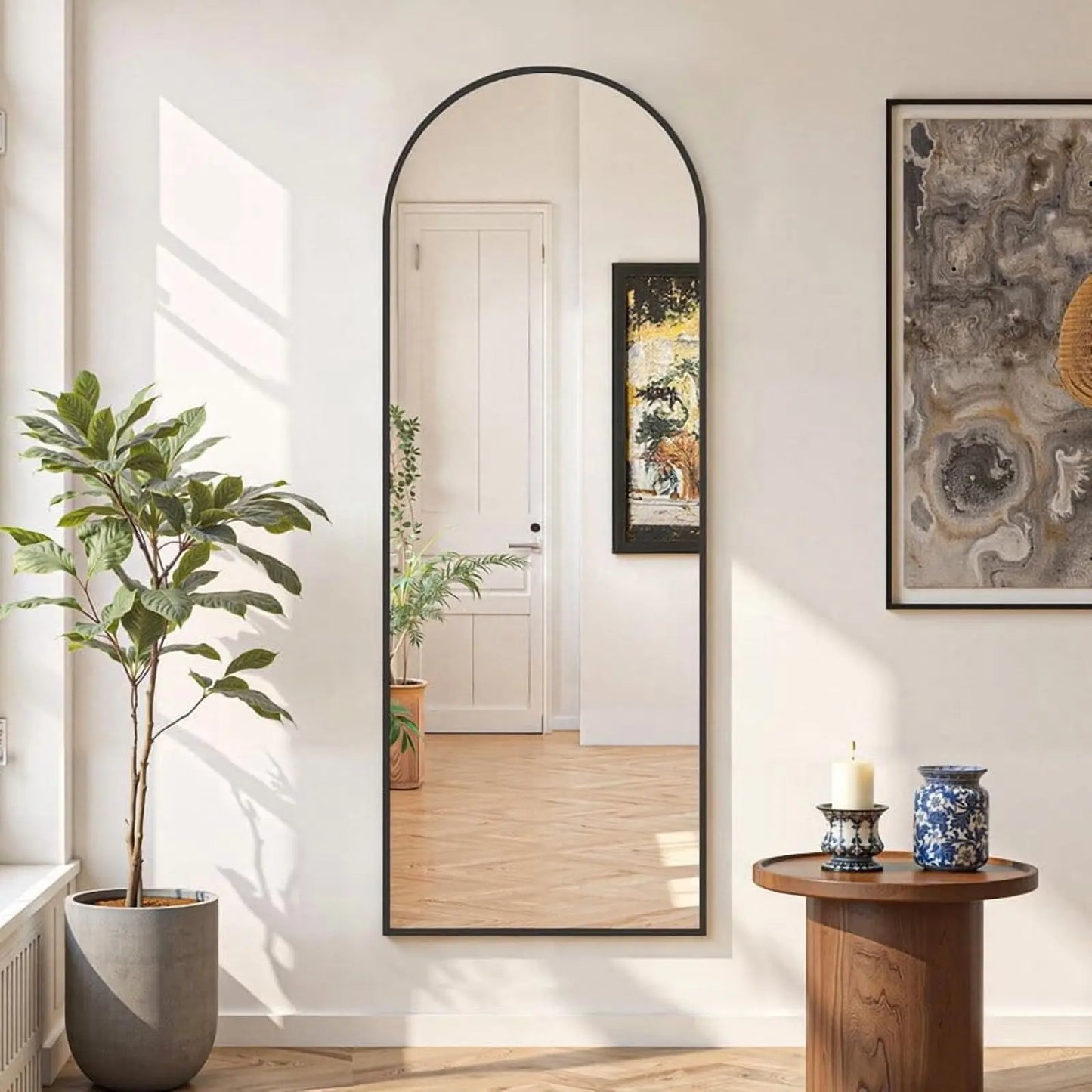 Arched full-length floor mirror 59 inches by 16 inches freestanding full-body reflective surface black