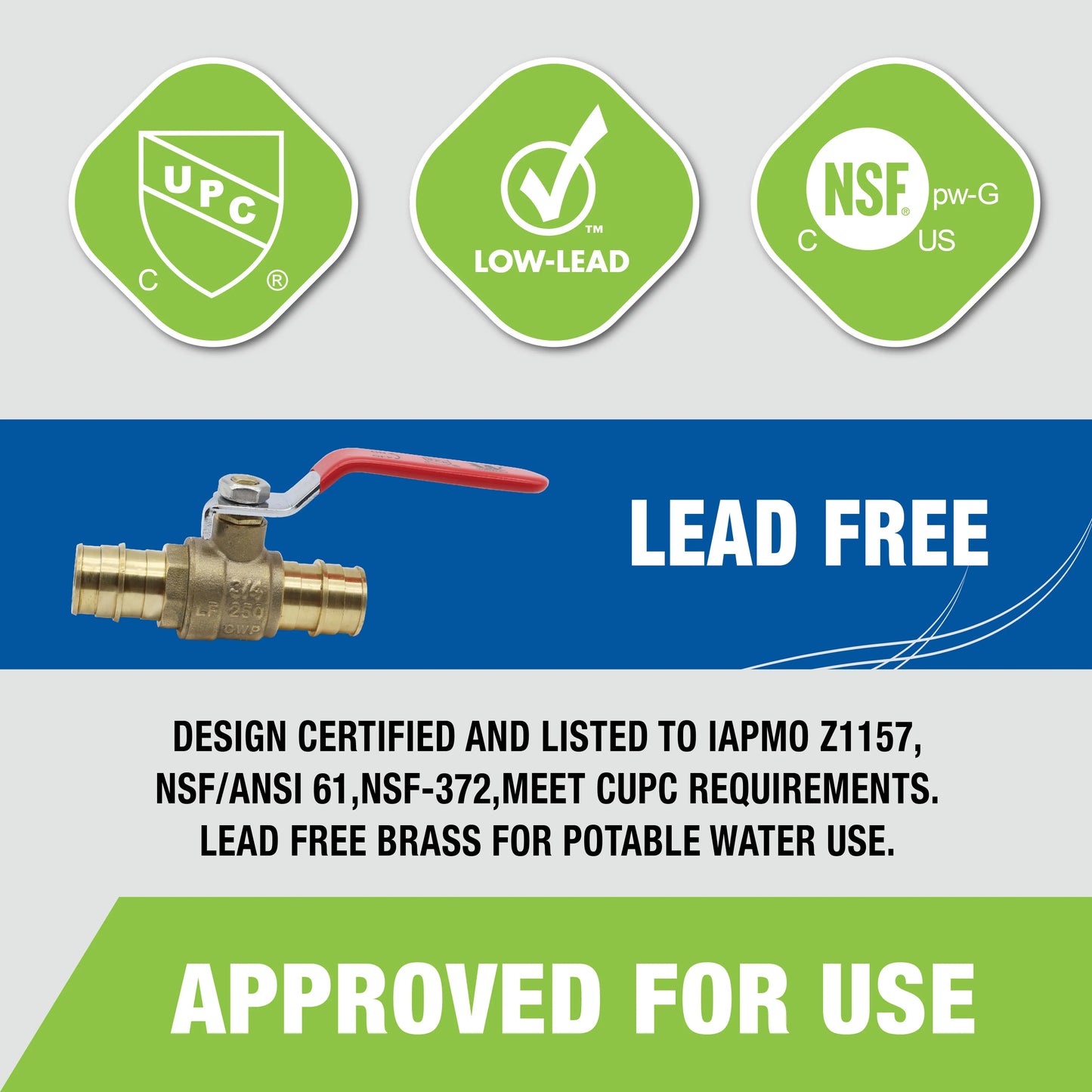 KING SMART 3/4" PEX A/F1960 PEX Ball Valve; CUPC NSF Lead Free Certified; for Hot and Cold Water; 1/4 Turn; 6 Pcs; 80283