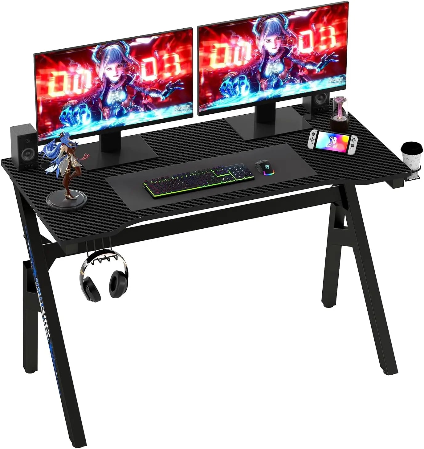 BestOffice Gaming Desk Computer Desk 47 Inch Home Office Extra Large Modern Ergonomic Black PC Carbon Fiber Gamer Workstation