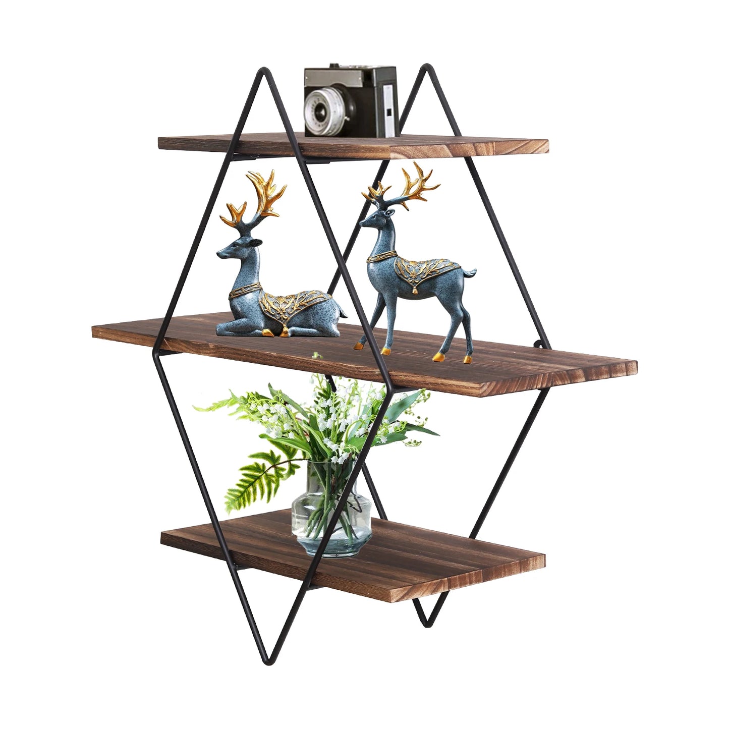 3 Tier Industrial Geometry Wood Floating Shelf Heavy Duty Hanging Wall Mounted Unit