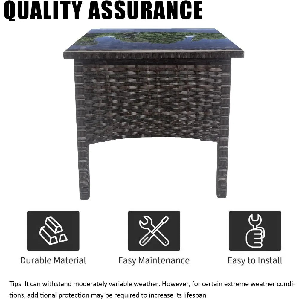 Outdoor Patio Rattan Side Table with Glass Top and Storage for Garden Balcony Porch