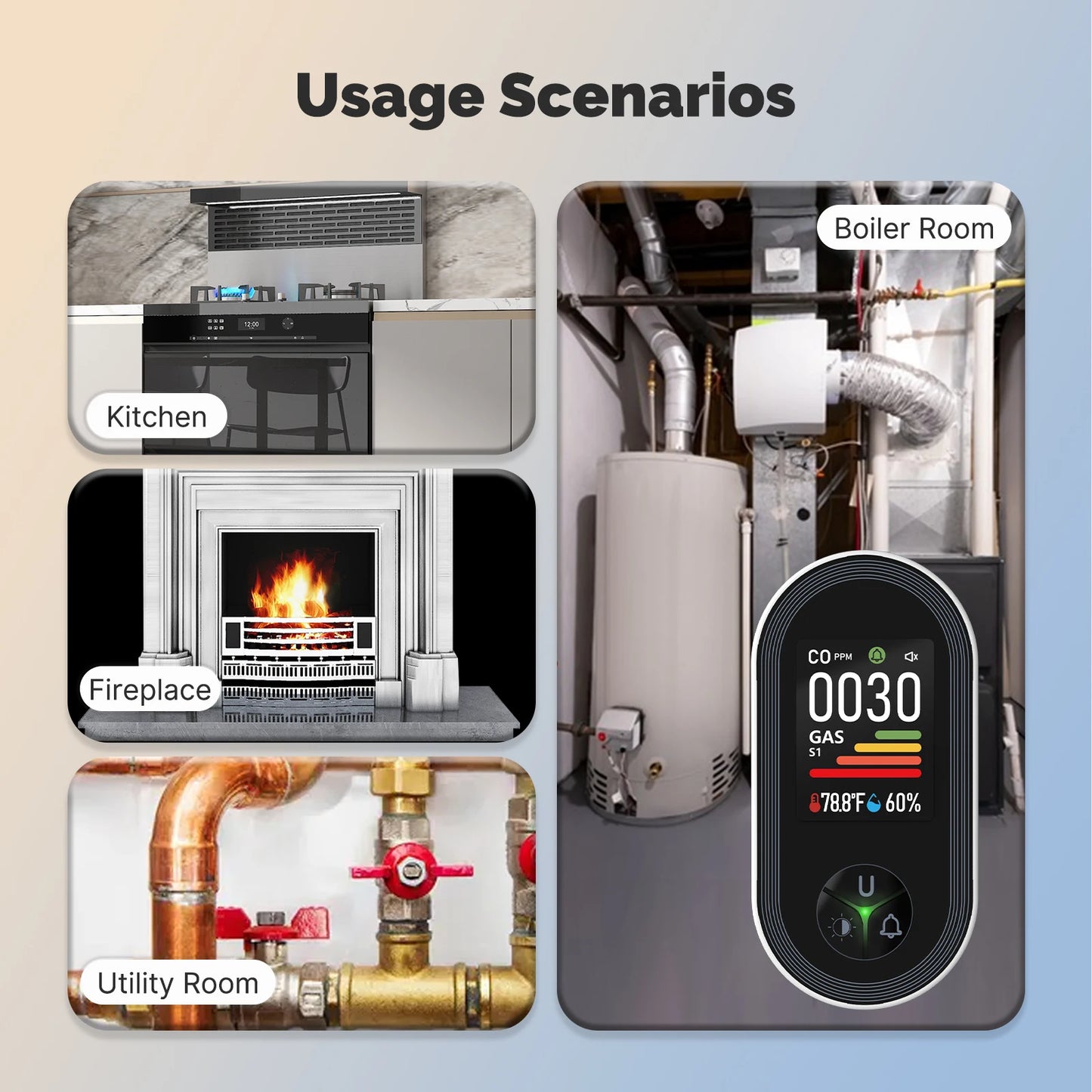 MOES 4-in-1 Carbon Monoxide Conbustible Gas Detector Built-in Monitor Alarm Plug-in Display with Humidity Temperature Sensor CO
