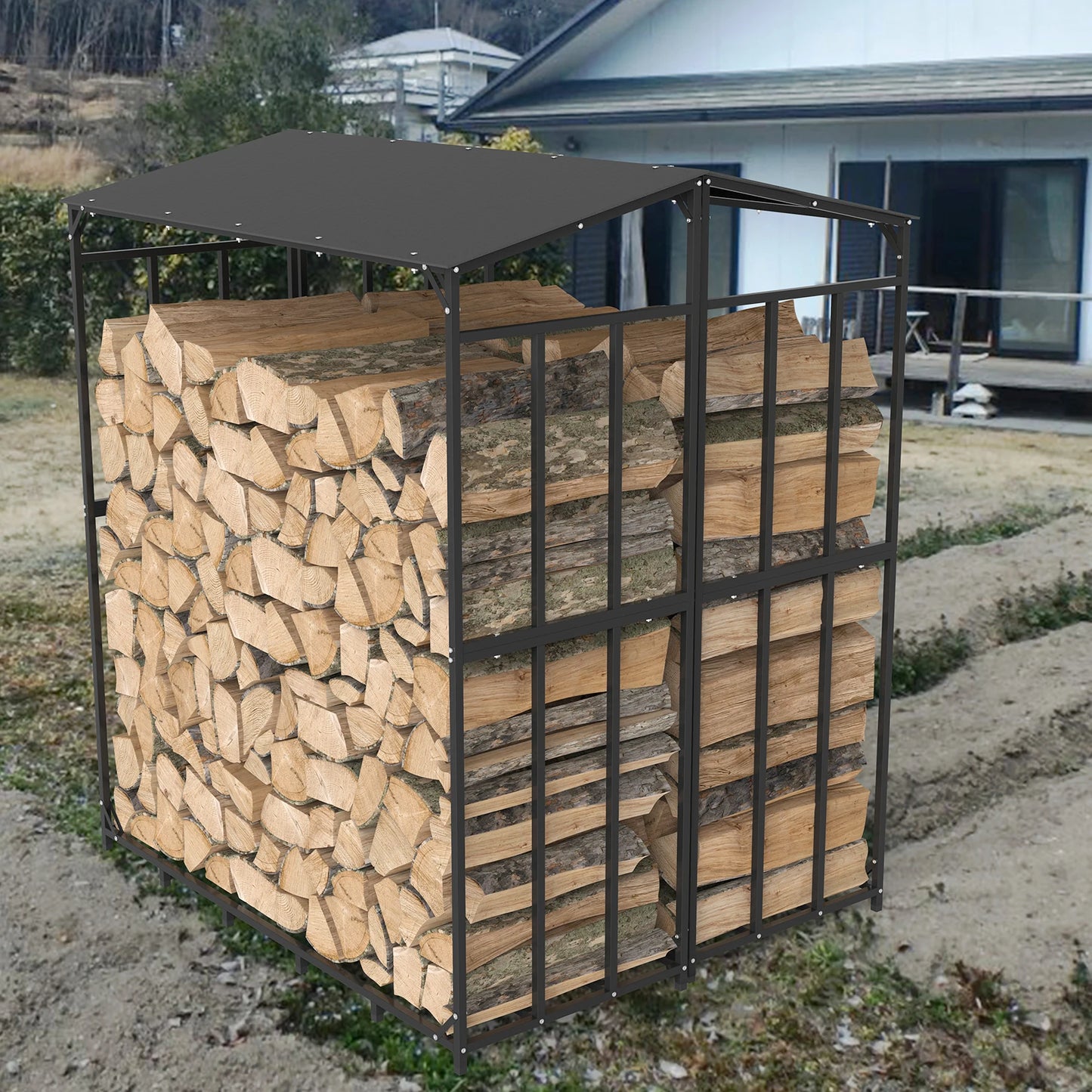 Heavy Duty Tall Metal Firewood Rack Stand with Top Cover Fireplace Wood Storage Stacking Holder for Outdoor Deck, Backyard