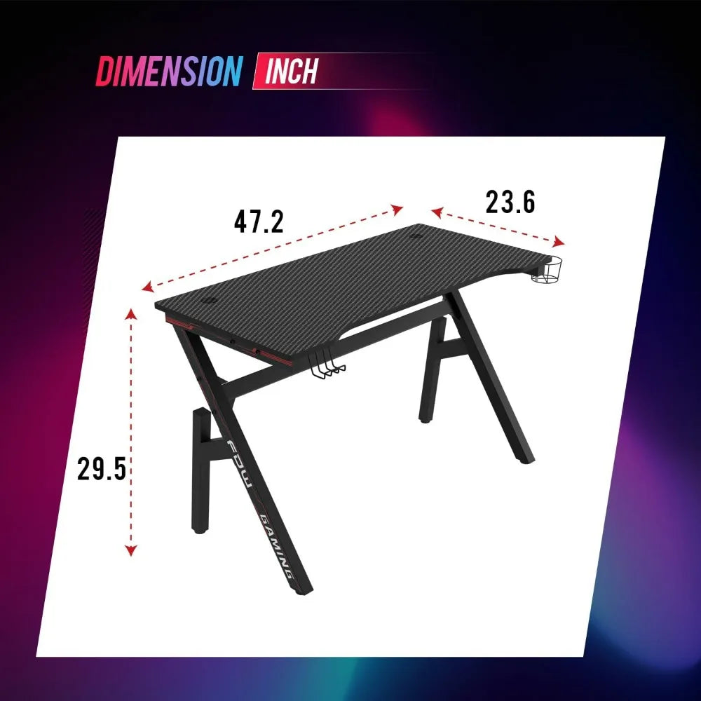 BestOffice Gaming Desk Computer Desk 47 Inch Home Office Extra Large Modern Ergonomic Black PC Carbon Fiber Gamer Workstation