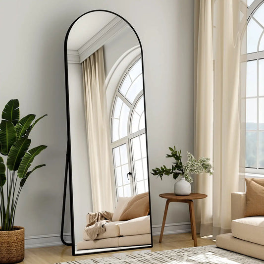 Arched full-length floor mirror 59 inches by 16 inches freestanding full-body reflective surface black