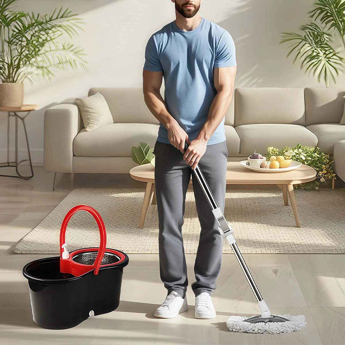 Mop Bucket Set 360° Dual-Motion Spin Mop System 3 Split-Yarn Mop Heads Self Cleaning Bucket
