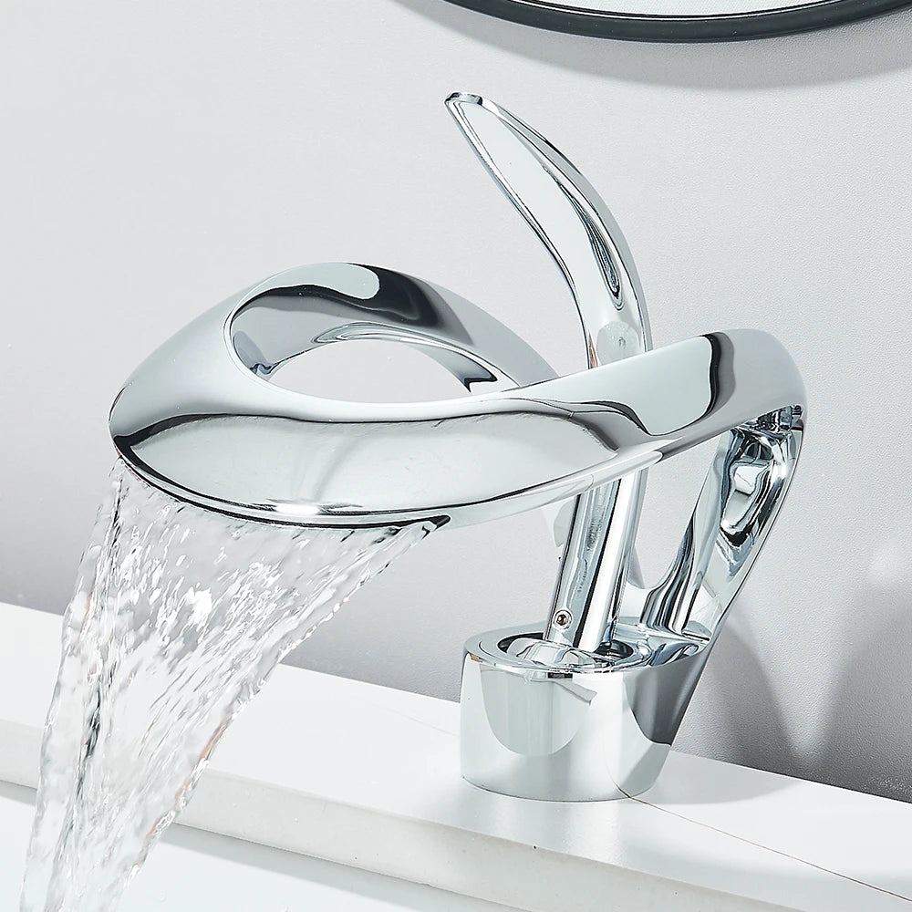 Solid Brass Waterfall Basin Faucet Single Handle Hot Cold Water Mixer Tap For Bathroom Sink