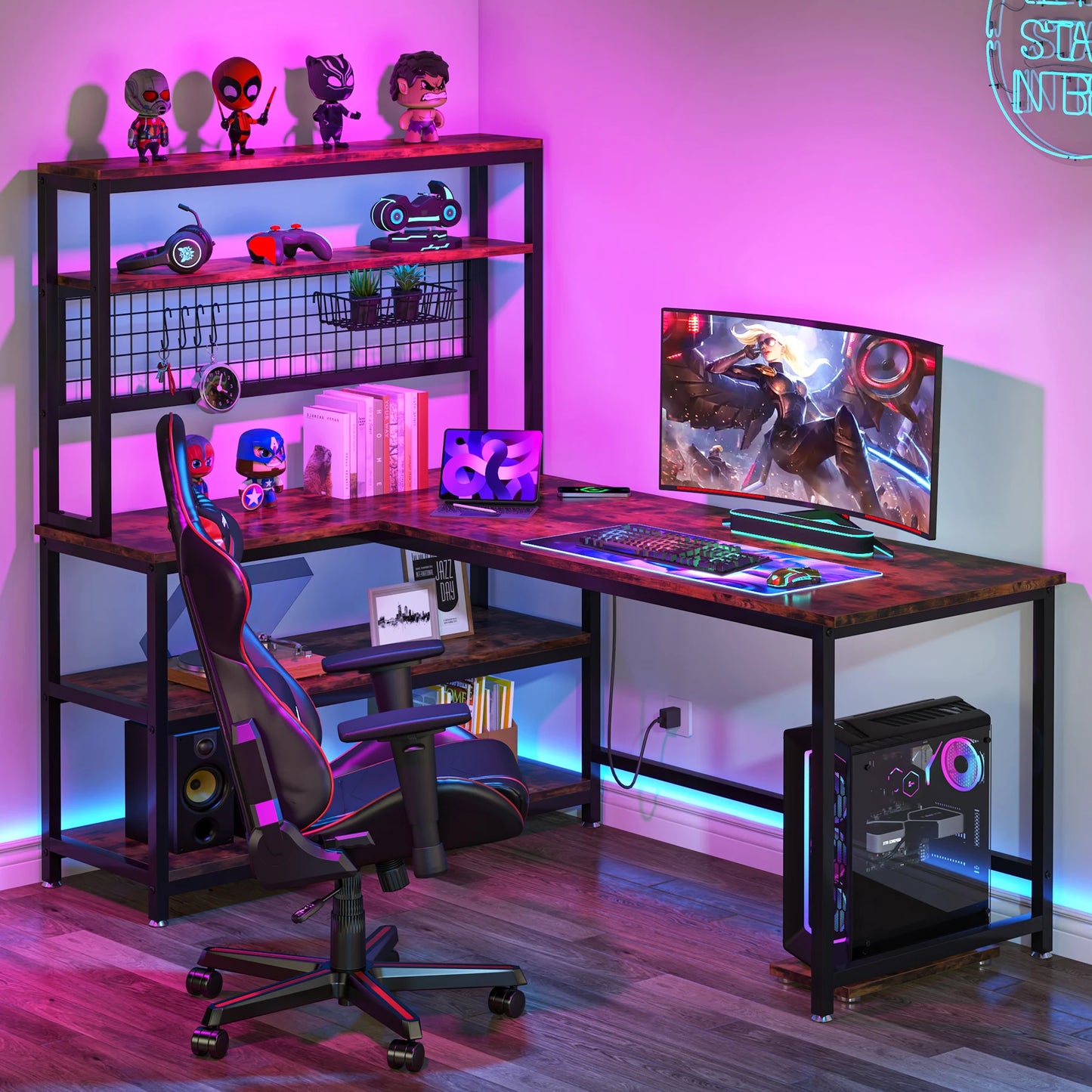 LITTLE TREE 55" Large Computer Desk with Wireless Charging 5 Storage Shelves, Office Desk Study Table Writing Desk Workstation