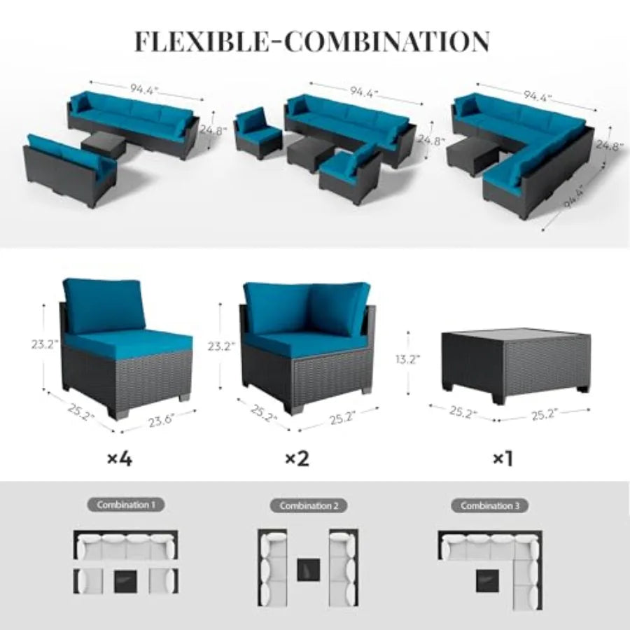 Patio Furniture Set 7 Piece - All-Weather Wicker Rattan Outdoor Conversation Set in Black/Peacock Blue for Backyard Garden Pool