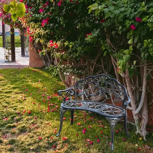 Elegant Cast Aluminum Outdoor Bench Featuring Intricate Rose Vine Design For Garden, Patio, Park And Lawn Use