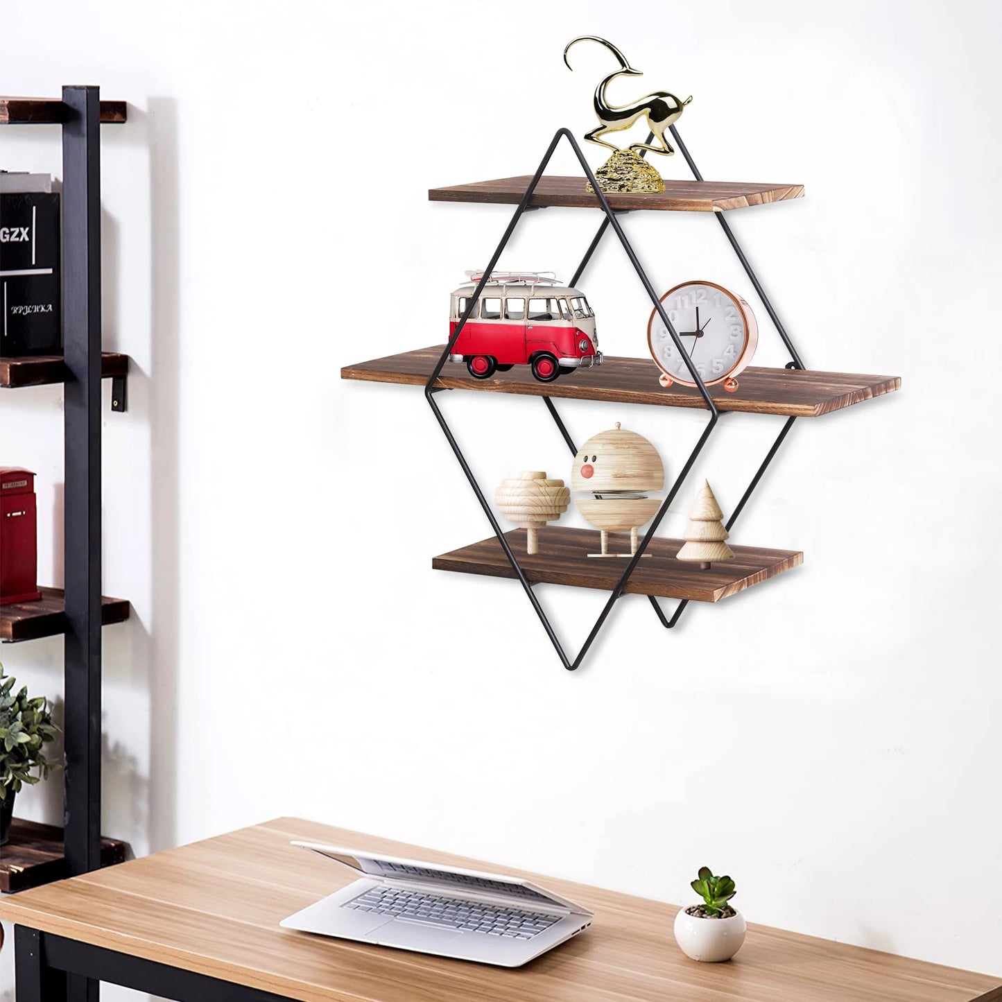 3 Tier Industrial Geometry Wood Floating Shelf Heavy Duty Hanging Wall Mounted Unit
