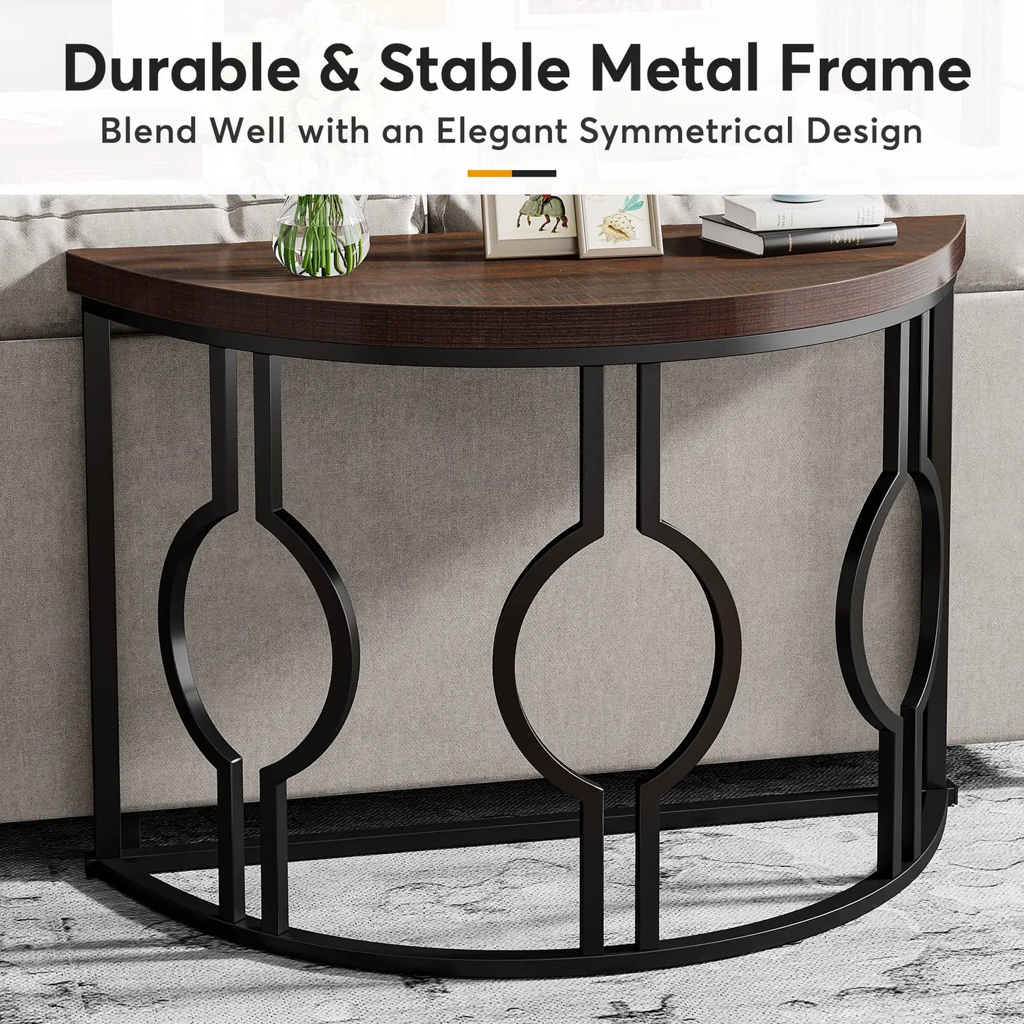 Tribesigns Half Moon Console Table for Entryway, 43 Inch Industrial Semi Circle Sofa Table with Geometric Base, Wood Accent Tabl