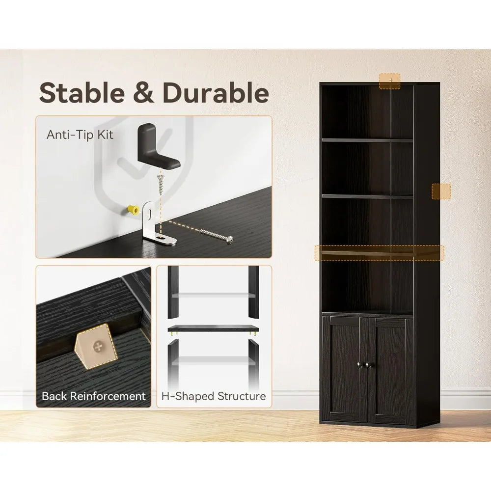 2. Casaottima Black 6-Tier Bookcase with Doors, Floor Standing Display Shelves, Tall Storage Bookhelf for Home Office