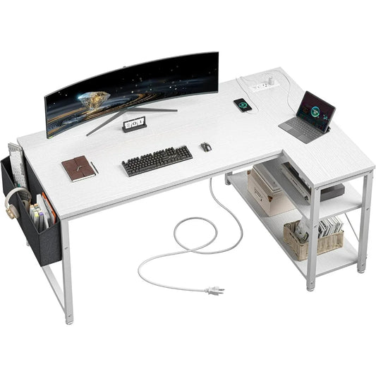 EnHomee 40" White L Shaped Corner Desk with Storage Shelves Side Bag Power Outlets Small Computer Study Writing Table Home Offic