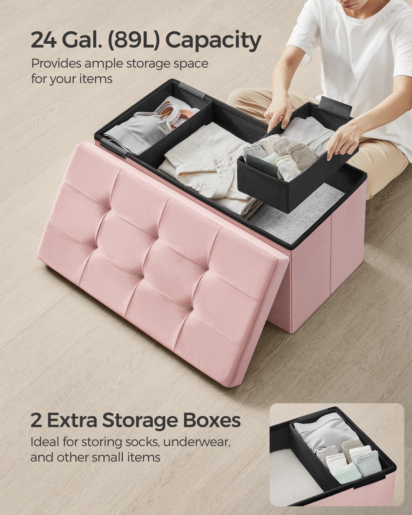 SONGMICS Mazie Collection - Storage Ottoman Bench, Foldable Foot Rest, 15 x 30 x 15 Inches, End of Bed Bench, Storage Chest,