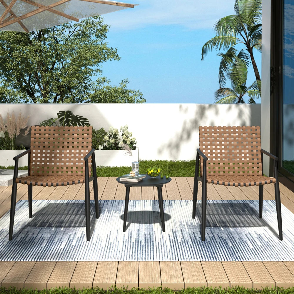 PE Rattan Outdoor Chat Set 2 Chairs, Black Steel & Glass Side Table, Modern Durable Patio Furniture for Garden Balcony Yard