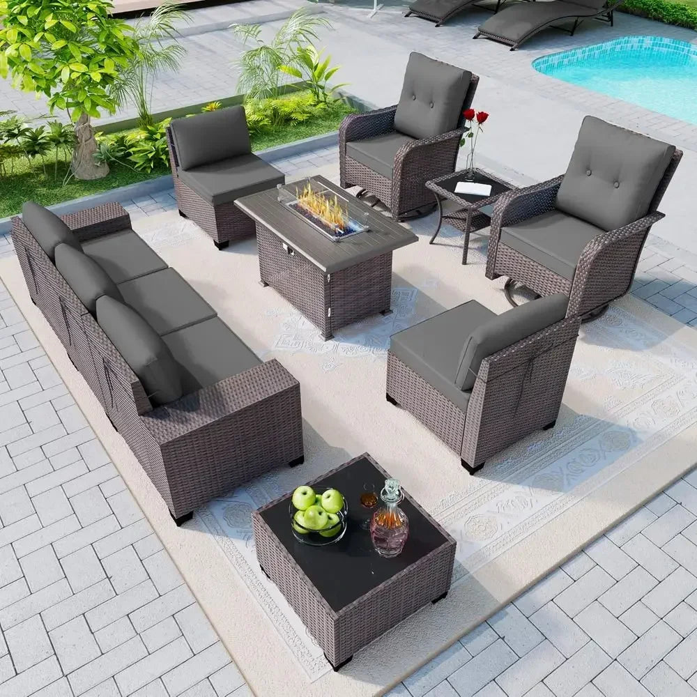 10-Piece Outdoor Patio Furniture Set with 43in Propane Fire Pit Table and PE Rattan Wicker Sofa Set with Swivel Rocking Chairs,