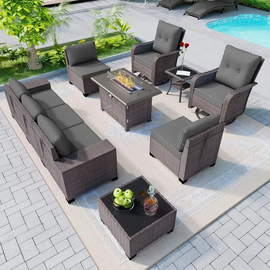10-Piece Outdoor Patio Furniture Set with 43in Propane Fire Pit Table and PE Rattan Wicker Sofa Set with Swivel Rocking Chairs,