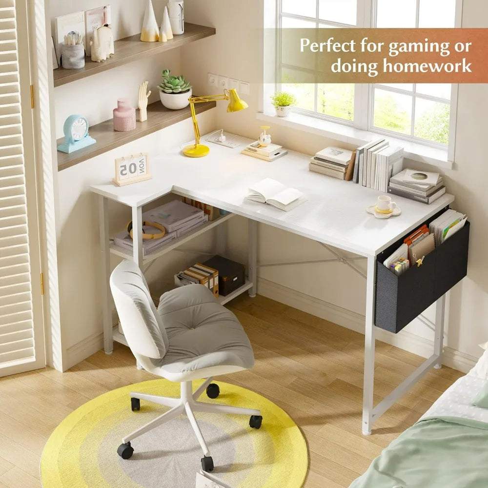 EnHomee 40" White L Shaped Corner Desk with Storage Shelves Side Bag Power Outlets Small Computer Study Writing Table Home Offic