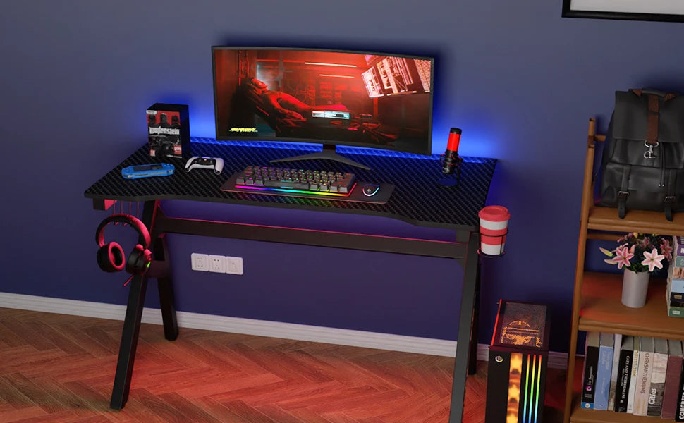 BestOffice Gaming Desk Computer Desk 47 Inch Home Office Extra Large Modern Ergonomic Black PC Carbon Fiber Gamer Workstation