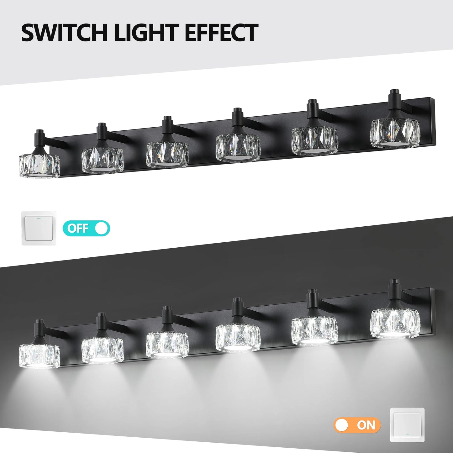 LED Vanity Light Modern 6-Light Matte Black Fixture with Crystal Glass Shades, Bathroom Wall Sconce for  Contemporary Home Decor