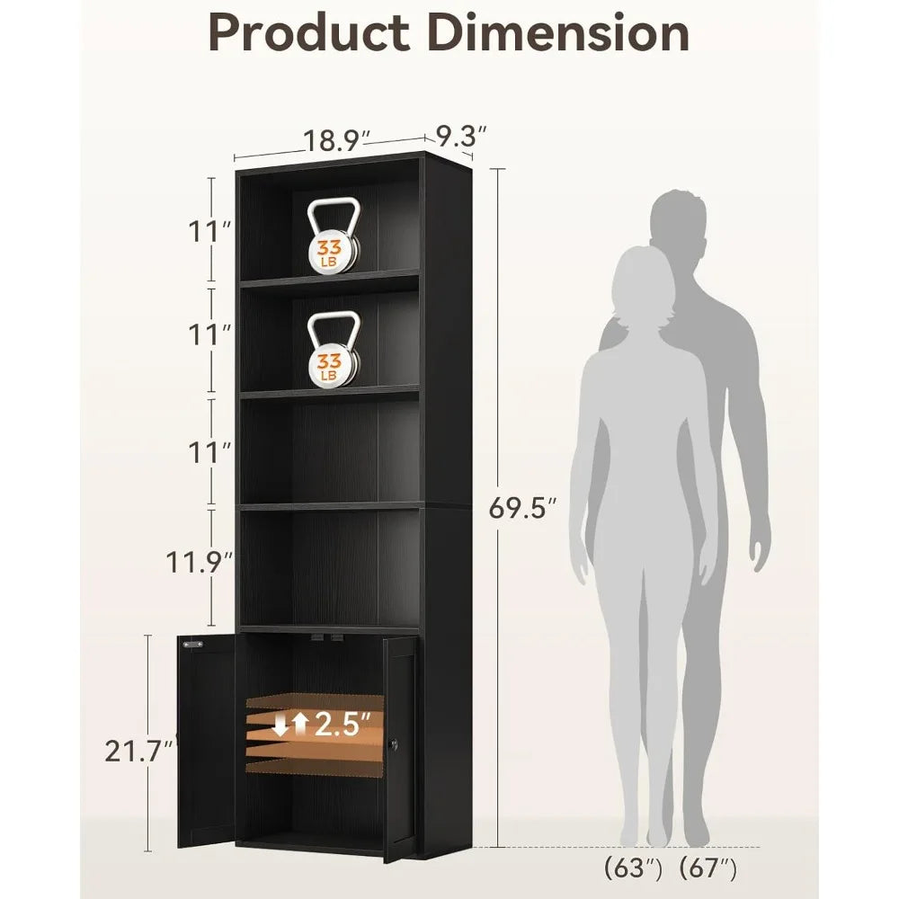 2. Casaottima Black 6-Tier Bookcase with Doors, Floor Standing Display Shelves, Tall Storage Bookhelf for Home Office