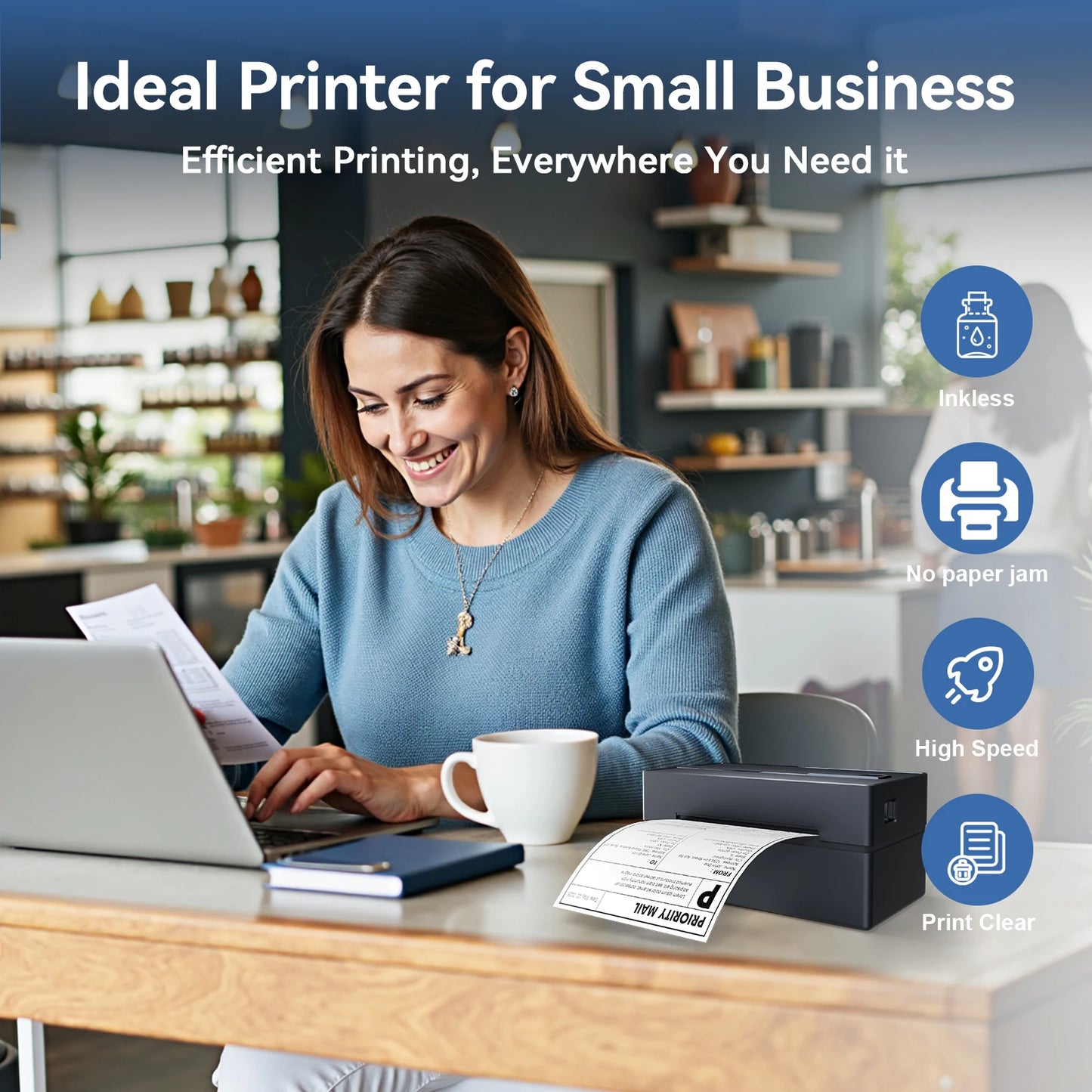 Thermal Label Printer Portable No Ink Required 203DPI 4x6 for Small Business Bluetooth USB High Speed Express Airway Bill