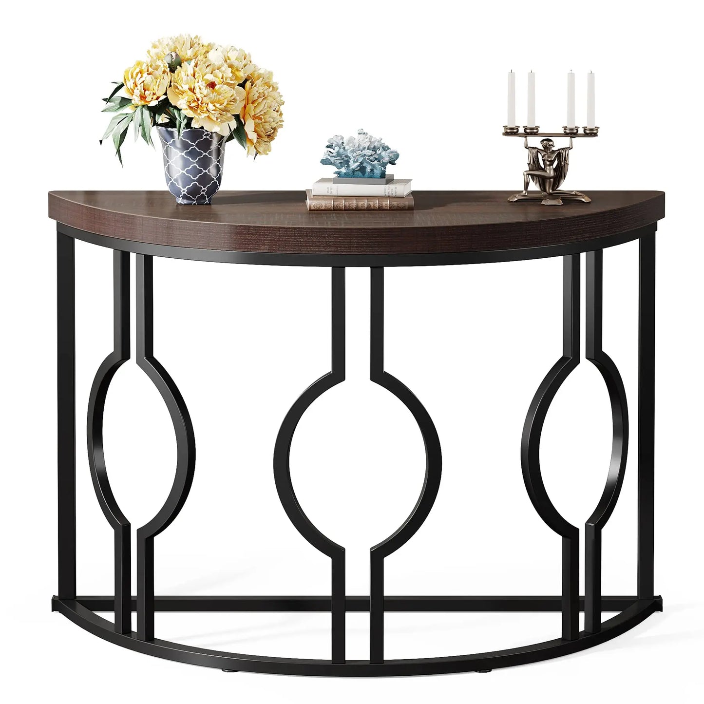 Tribesigns Half Moon Console Table for Entryway, 43 Inch Industrial Semi Circle Sofa Table with Geometric Base, Wood Accent Tabl