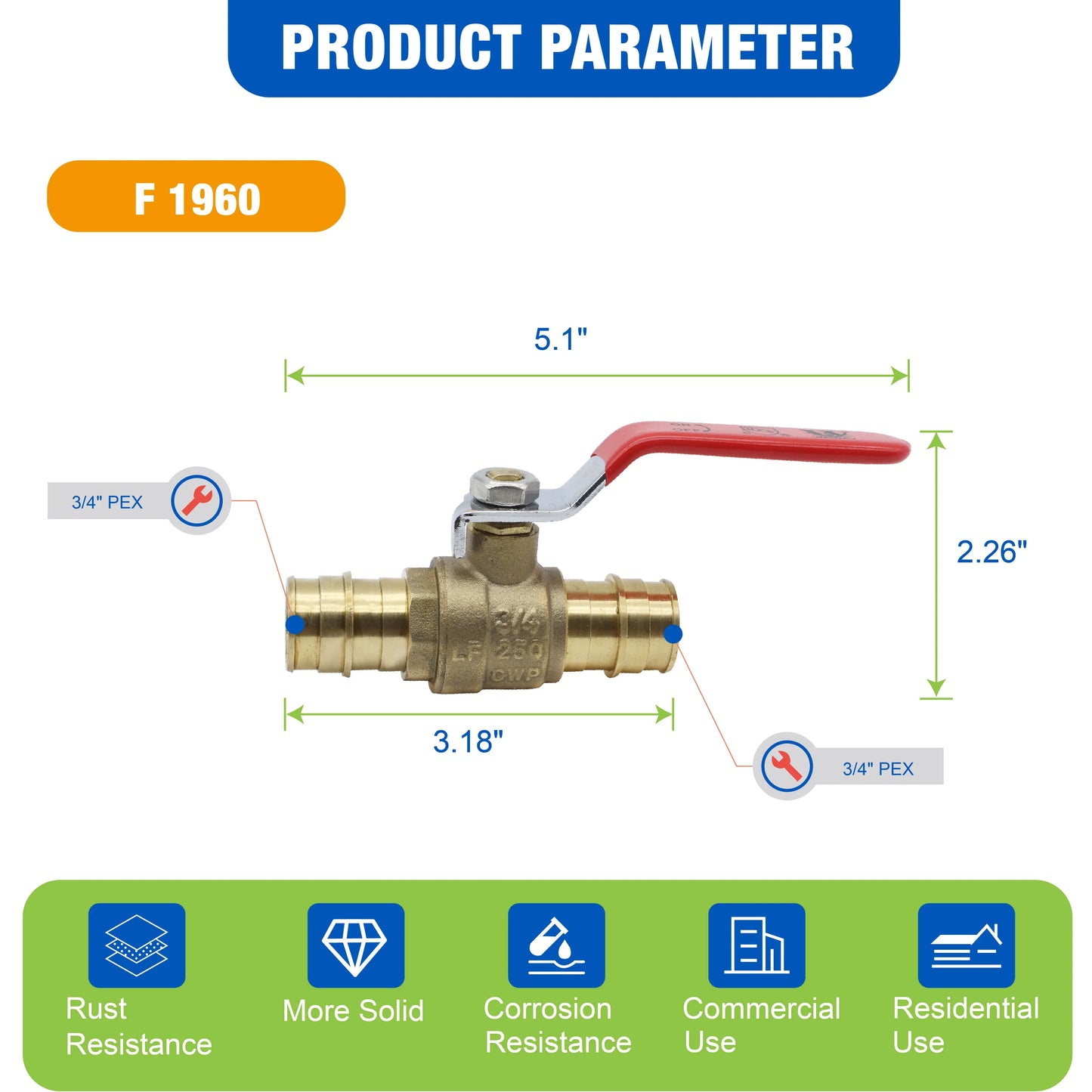KING SMART 3/4" PEX A/F1960 PEX Ball Valve; CUPC NSF Lead Free Certified; for Hot and Cold Water; 1/4 Turn; 6 Pcs; 80283