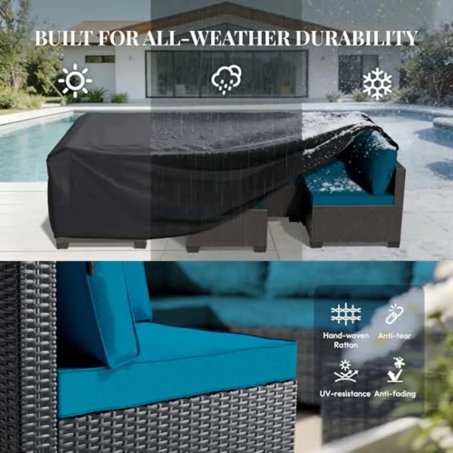 Patio Furniture Set 7 Piece - All-Weather Wicker Rattan Outdoor Conversation Set in Black/Peacock Blue for Backyard Garden Pool