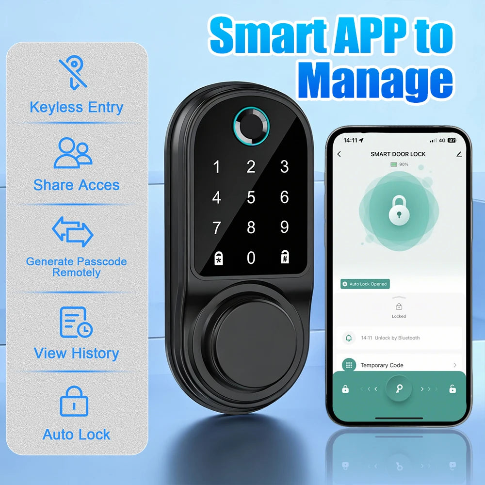 Bluetooth Smart Deadbolt Lock Keyless Entry Fingerprint Door Lock with Touch Keypad IC Card Physical Key APP Remote Temporary Code Auto Lock for Front Door Home Apartment Rental