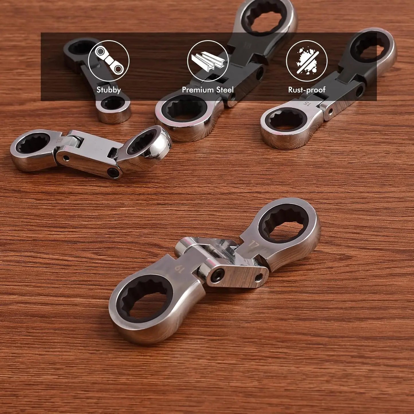 72-Tooth Flex Head Ratchet Wrench Set, Compact Double Box End Metric 8-19mm 5 Pieces for Tight Spaces