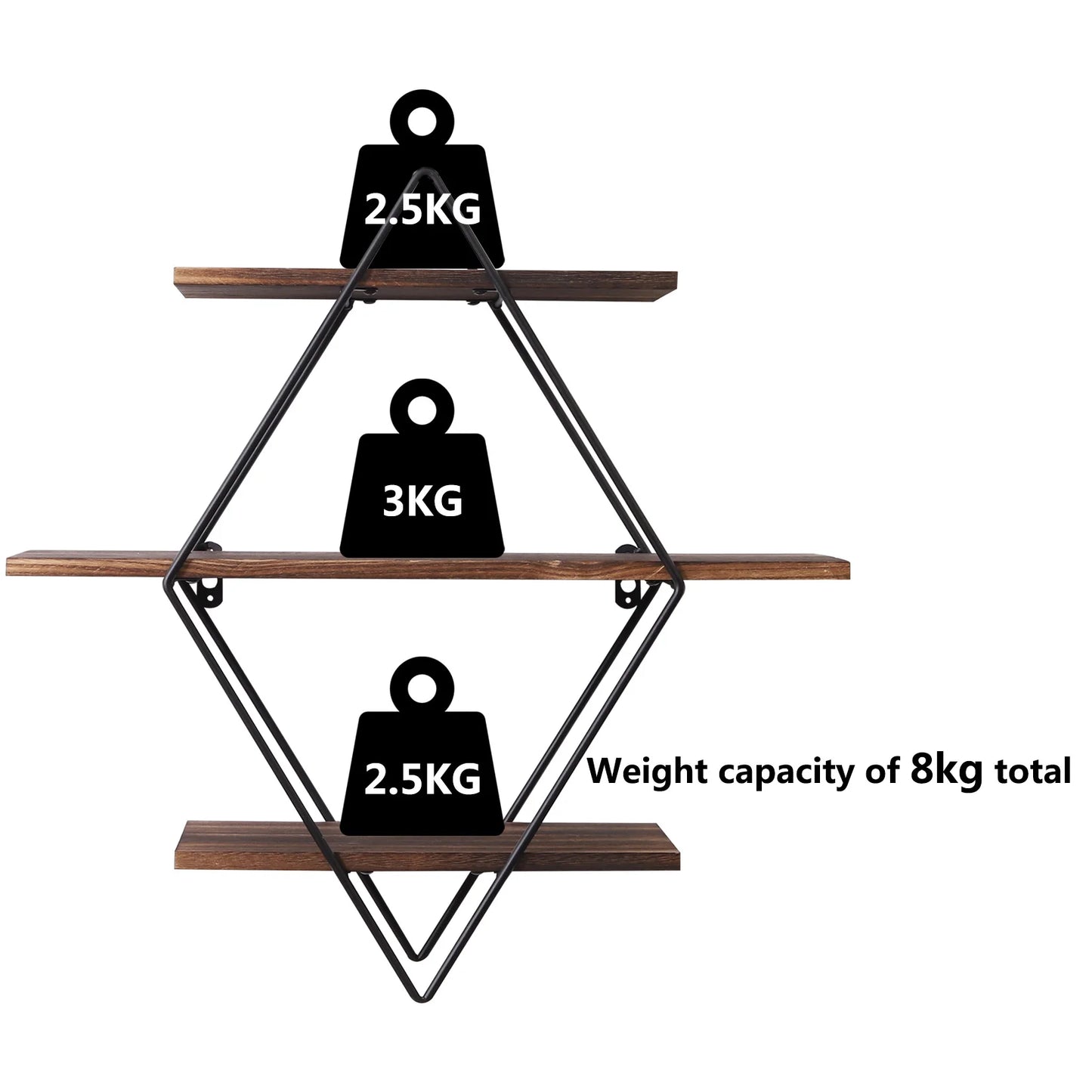 3 Tier Industrial Geometry Wood Floating Shelf Heavy Duty Hanging Wall Mounted Unit