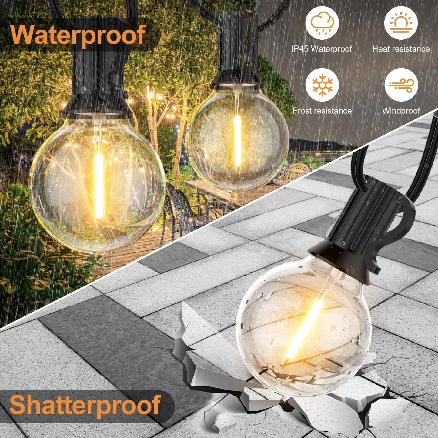 100FT G40 High Voltage String Lights, 50 Warm White 2700K Bulbs, E12 Base, Black Wire with Hooks & Replaceable Wire