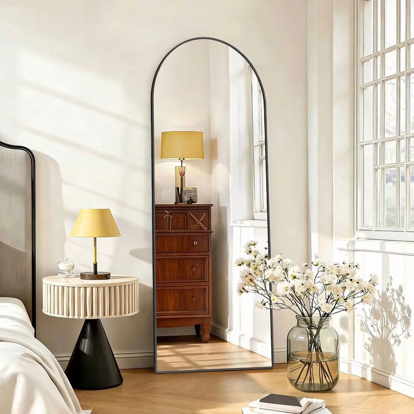 Arched full-length floor mirror 59 inches by 16 inches freestanding full-body reflective surface black